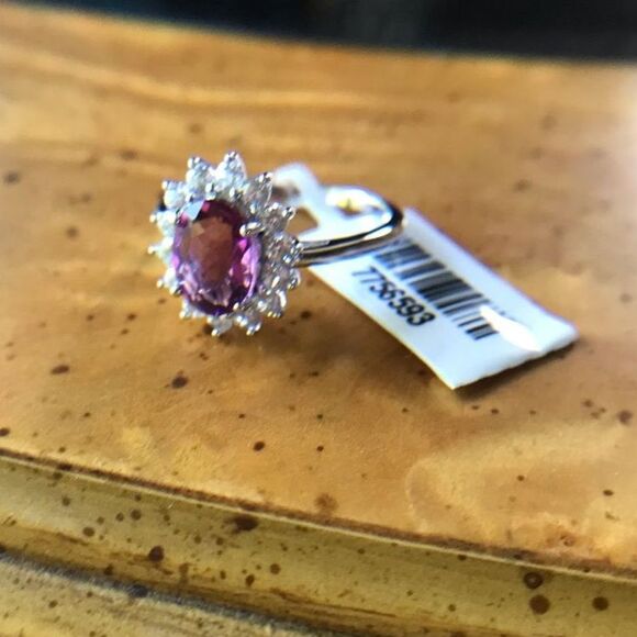 Natural Pink Fluorite Sterling Silver Halo Ring Size 7 - Picture 3 of 5